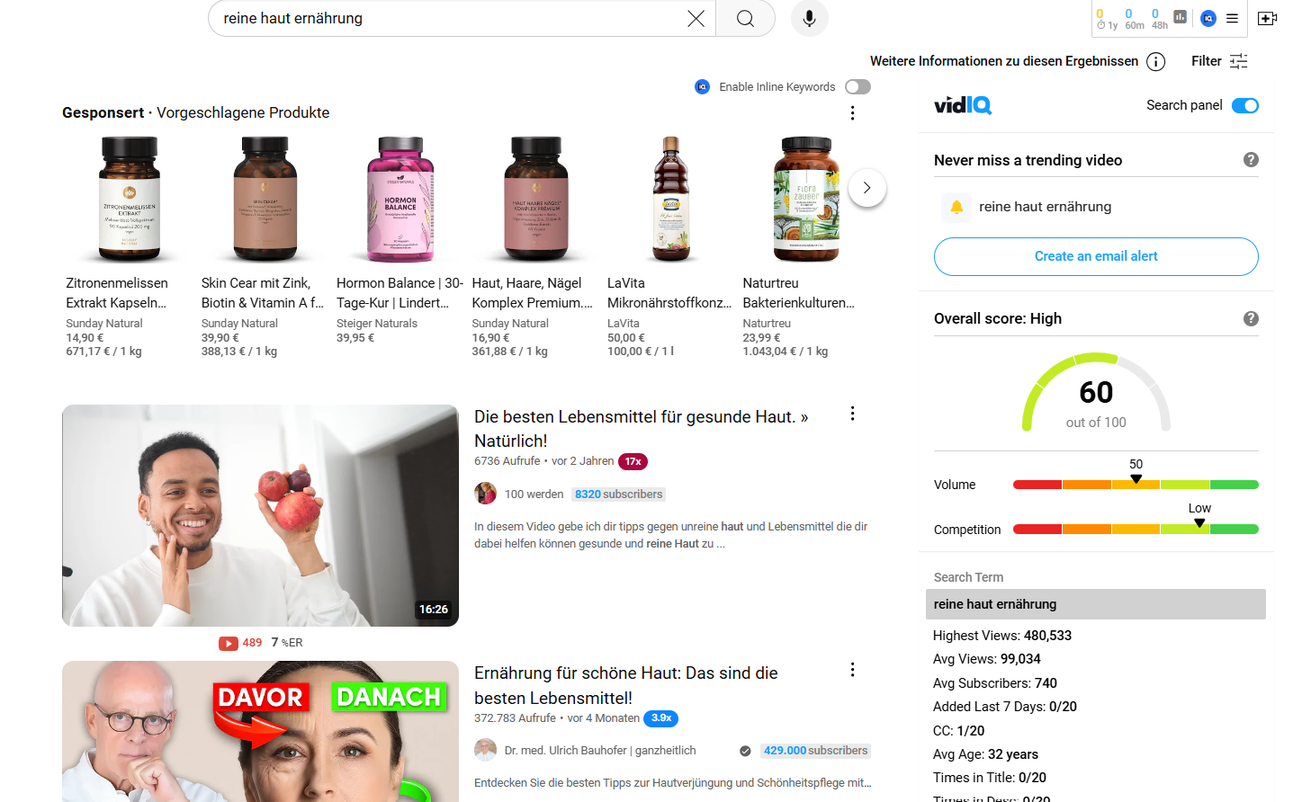 Screenshot der YouTube-Suche nach ‚reine Haut Ernährung‘, mit vorgeschlagenen Videos und einer VidIQ-Analyse des Suchvolumens und Wettbewerbs für YouTube Suchmaschinenoptimierung.